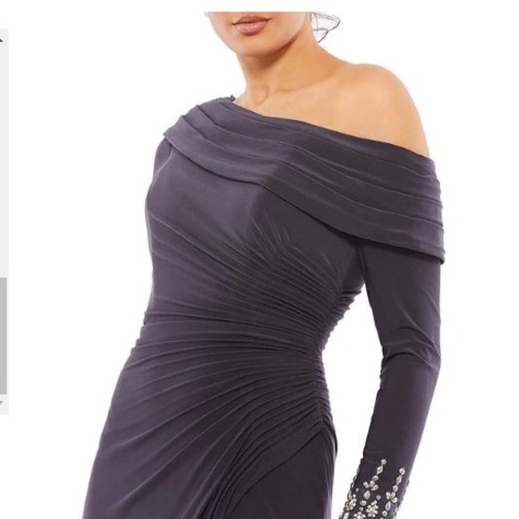 Ieena for Mac Duggal Long Beaded Sleeve Asymmetrical One Shoulder Midi Dress - Picture 2 of 11